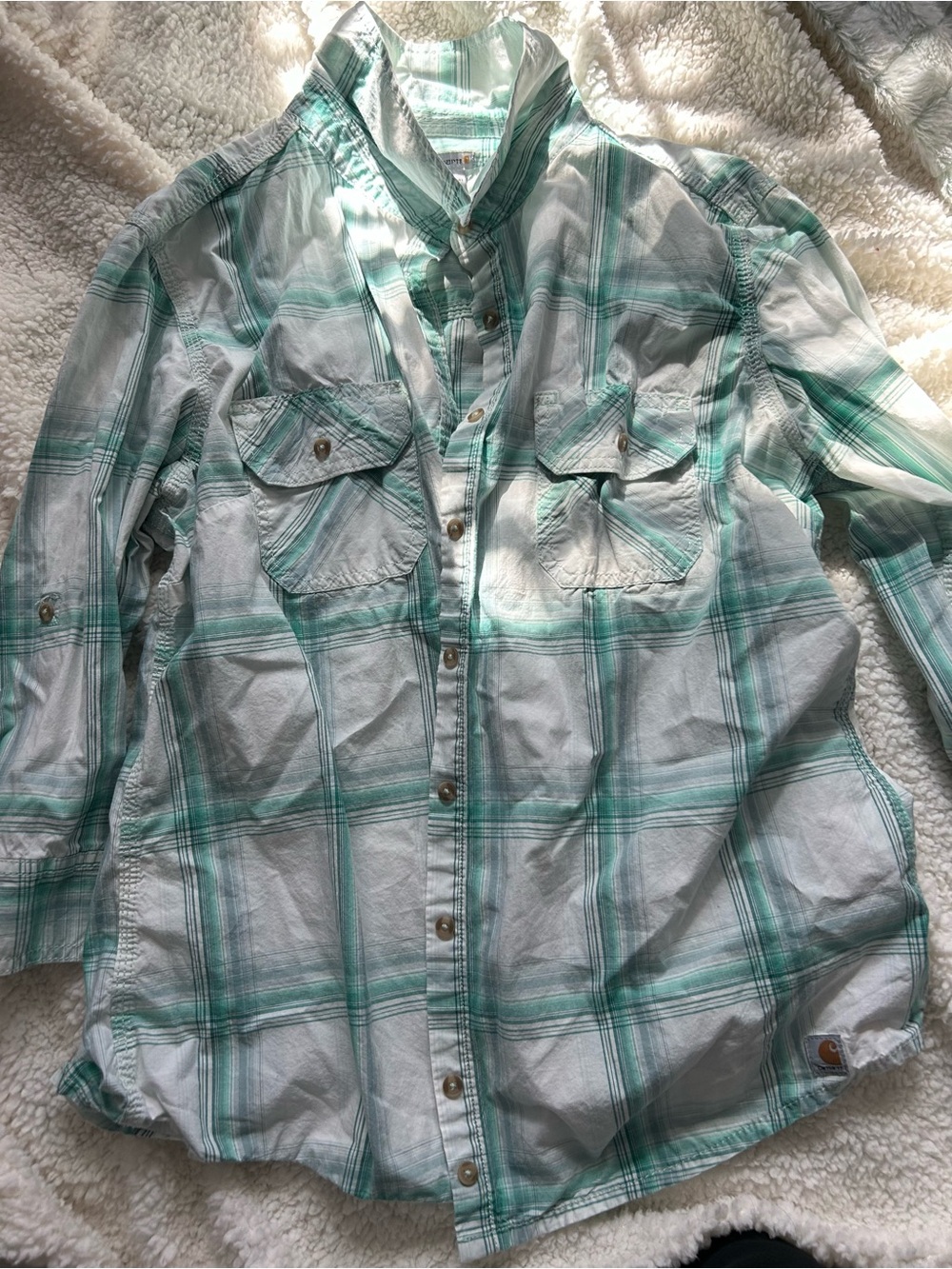 Carhartt Shirt Womens XL Long Sleeve Pockets Button Green Striped Plaid
